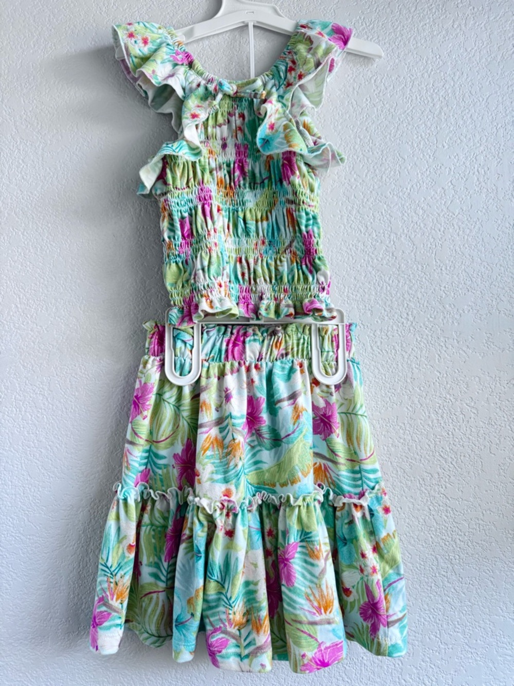 Girls Tropical 2-Piece Set Size 7/8 | Ruffle Smocked Top & Skirt | Summer Outfit